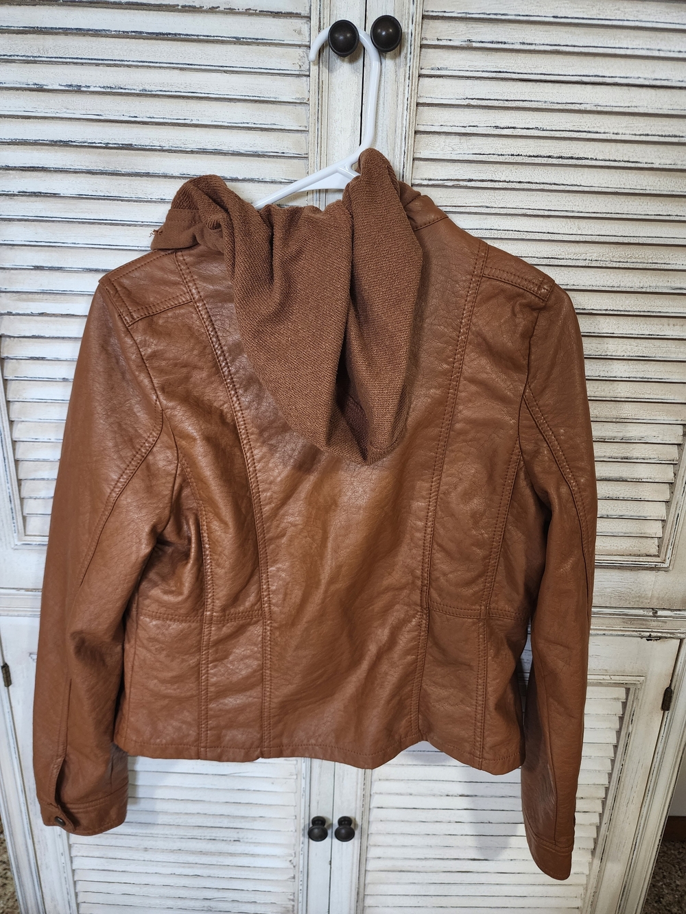 Tan Hooded Faux Leather Jacket - Stylish Zip Front Coat - Picture 2 of 9